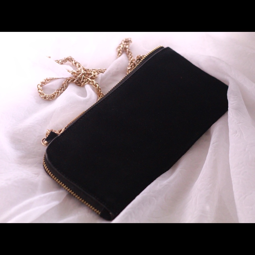 Black suede wallet clutch with chain strap